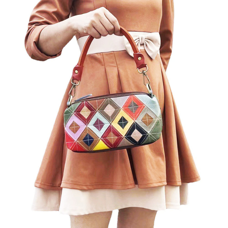 Ida Geantă de damă din piele naturală, model carouri, buzunar pentru telefon, buzunare interioare, curea de umăr crossbody