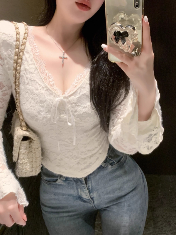 Ženski poliester top s V-izrezom i čipkom, uži kroj, dugi rukav, jednobojni uzorak, za slojevito nošenje