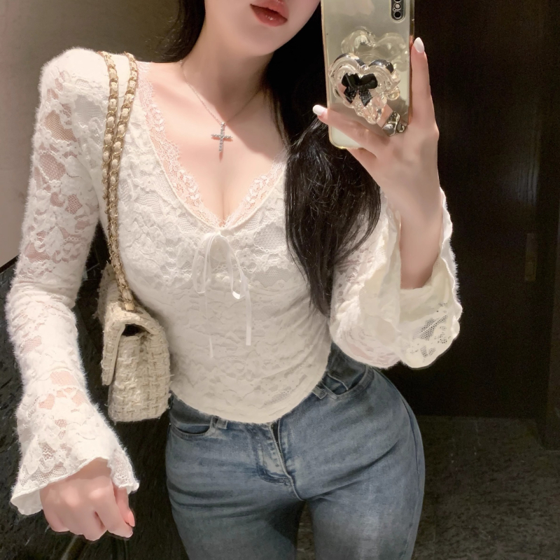 Ženski poliester top s V-izrezom i čipkom, uži kroj, dugi rukav, jednobojni uzorak, za slojevito nošenje