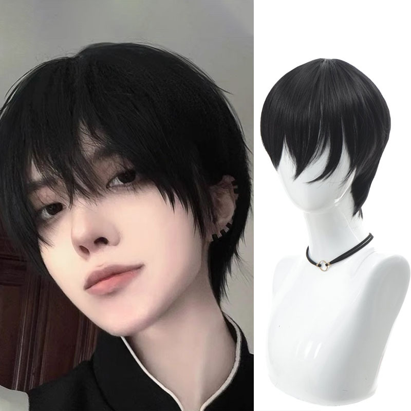 Férfi rétegzett rövid paróka, japán stílusú cosplay, hőálló szintetikus rost, mechanikus sapka konstrukció