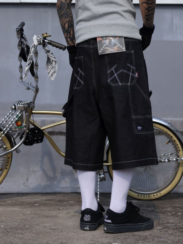 Muške traperice vintage hip-hop stil, ravni kroj, kratka duljina, pamuk denim