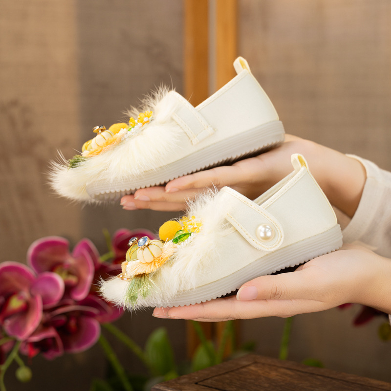 Pantofi de copii pentru fete, broderie în stil etnic, motiv tigru, talpă din cauciuc, partea superioară respirabilă, închidere cu bandă elastică