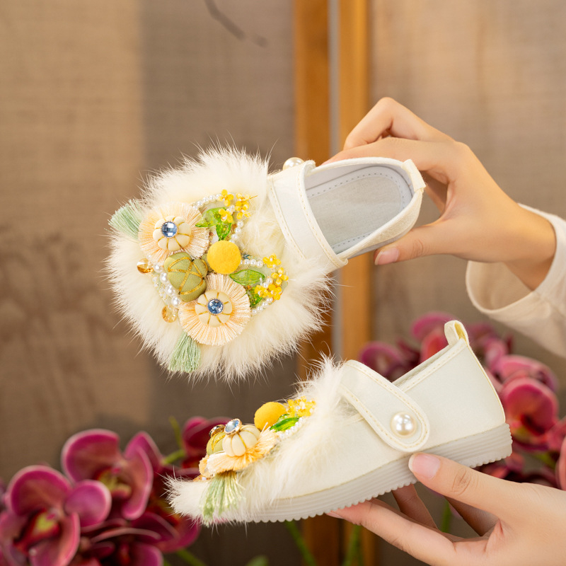 Pantofi de copii pentru fete, broderie în stil etnic, motiv tigru, talpă din cauciuc, partea superioară respirabilă, închidere cu bandă elastică