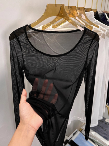 Iznk ženski mrežasti top s dugim rukavima, okrugli izrez, uži kroj, minimalistički stil japansko-korejski