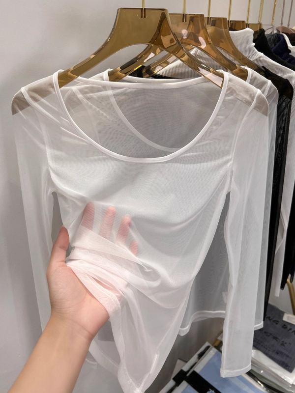 Iznk ženski mrežasti top s dugim rukavima, okrugli izrez, uži kroj, minimalistički stil japansko-korejski