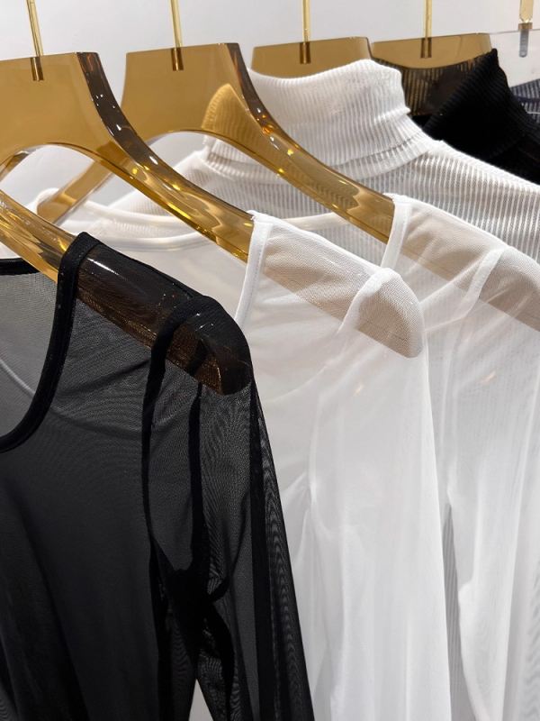 Iznk ženski mrežasti top s dugim rukavima, okrugli izrez, uži kroj, minimalistički stil japansko-korejski