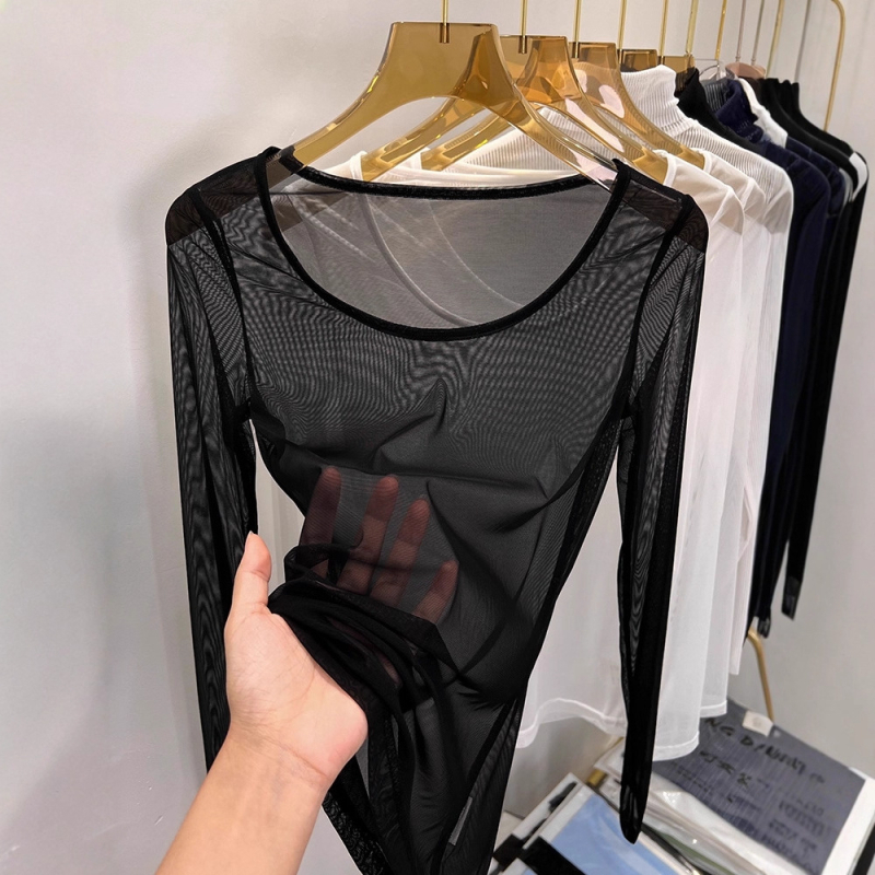 Iznk ženski mrežasti top s dugim rukavima, okrugli izrez, uži kroj, minimalistički stil japansko-korejski