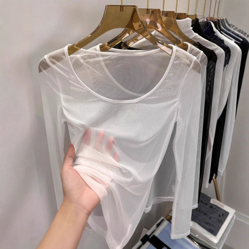 Iznk ženski mrežasti top s dugim rukavima, okrugli izrez, uži kroj, minimalistički stil japansko-korejski