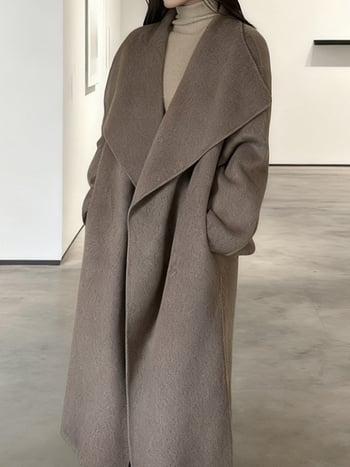 Női kasmírs köpeny kabát, hosszú, galléros, vastag anyag, gombokkal és zsebekkel