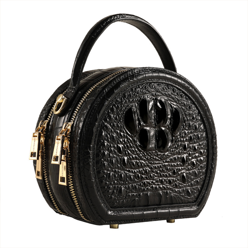 Okrugla torbica crossbody od prave kože s uzorkom krokodila, box stil, zatvaranje zipom