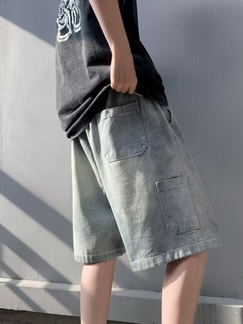 Traper šortsevi, američki retro stil, oprani, labavi ravni kroj, 100% poliester, mikroelastičnost, korejski stil