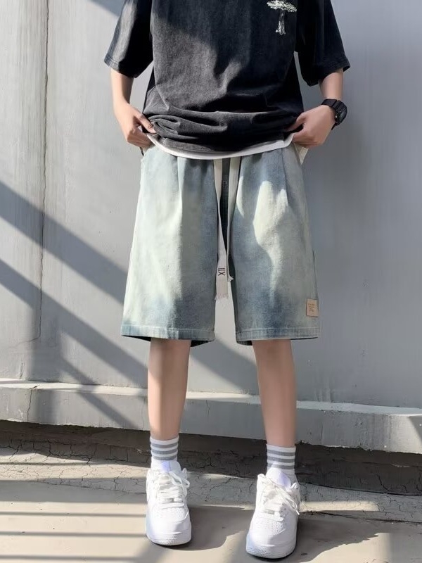 Traper šortsevi, američki retro stil, oprani, labavi ravni kroj, 100% poliester, mikroelastičnost, korejski stil