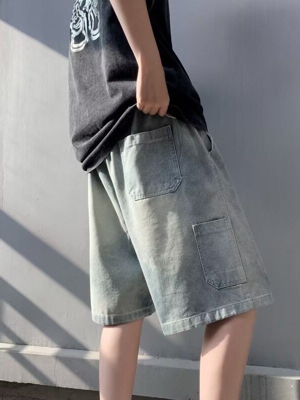 Traper šortsevi, američki retro stil, oprani, labavi ravni kroj, 100% poliester, mikroelastičnost, korejski stil