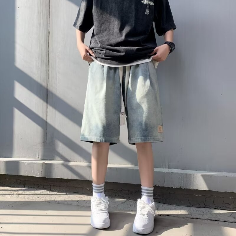 Traper šortsevi, američki retro stil, oprani, labavi ravni kroj, 100% poliester, mikroelastičnost, korejski stil