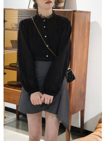 Риза с лантерн ръкав, Stand яка, еднобортно закопчаване, артистично ретро стил, полиестер-памучна смес