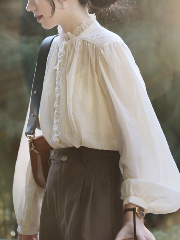 Риза с лантерн ръкав, Stand яка, еднобортно закопчаване, артистично ретро стил, полиестер-памучна смес