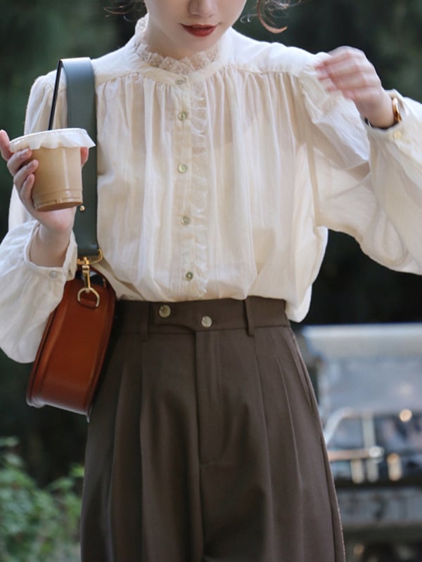 Риза с лантерн ръкав, Stand яка, еднобортно закопчаване, артистично ретро стил, полиестер-памучна смес