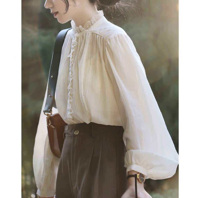 Риза с лантерн ръкав, Stand яка, еднобортно закопчаване, артистично ретро стил, полиестер-памучна смес