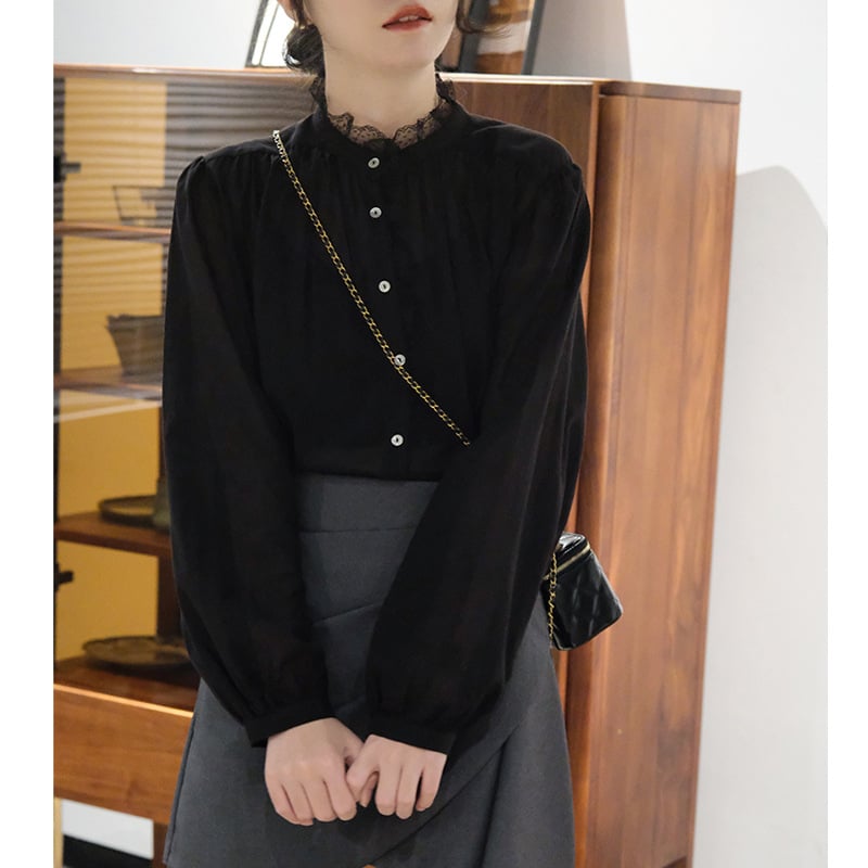 Риза с лантерн ръкав, Stand яка, еднобортно закопчаване, артистично ретро стил, полиестер-памучна смес