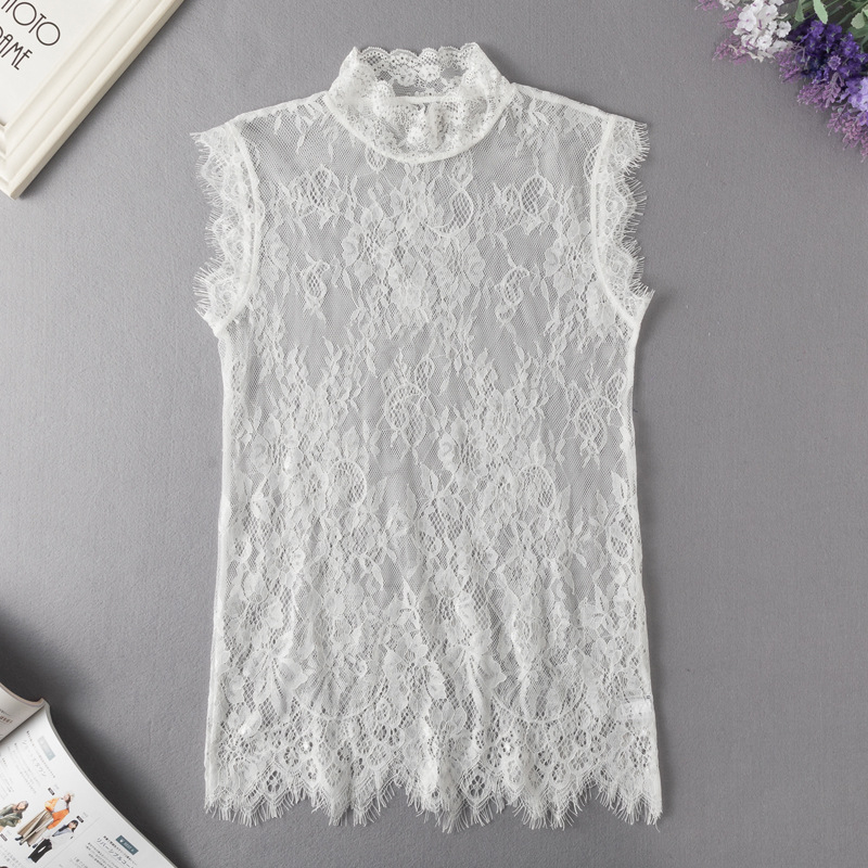 Top din dantelă cu guler semiînalt, fără mâneci, strat de bază pentru straturi, guler decorativ