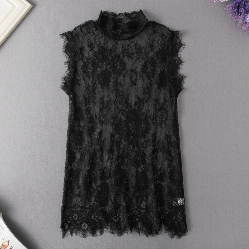 Top din dantelă cu guler semiînalt, fără mâneci, strat de bază pentru straturi, guler decorativ