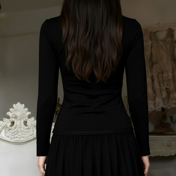 Готик Лолита тениска, квадратно деколте, дълъг ръкав, тясна кройка, сплайс дизайн