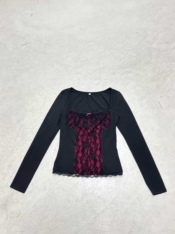 Готик Лолита тениска, квадратно деколте, дълъг ръкав, тясна кройка, сплайс дизайн