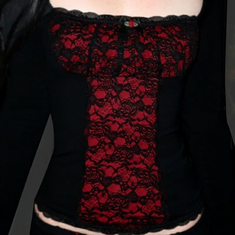 Готик Лолита тениска, квадратно деколте, дълъг ръкав, тясна кройка, сплайс дизайн