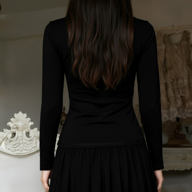 Готик Лолита тениска, квадратно деколте, дълъг ръкав, тясна кройка, сплайс дизайн