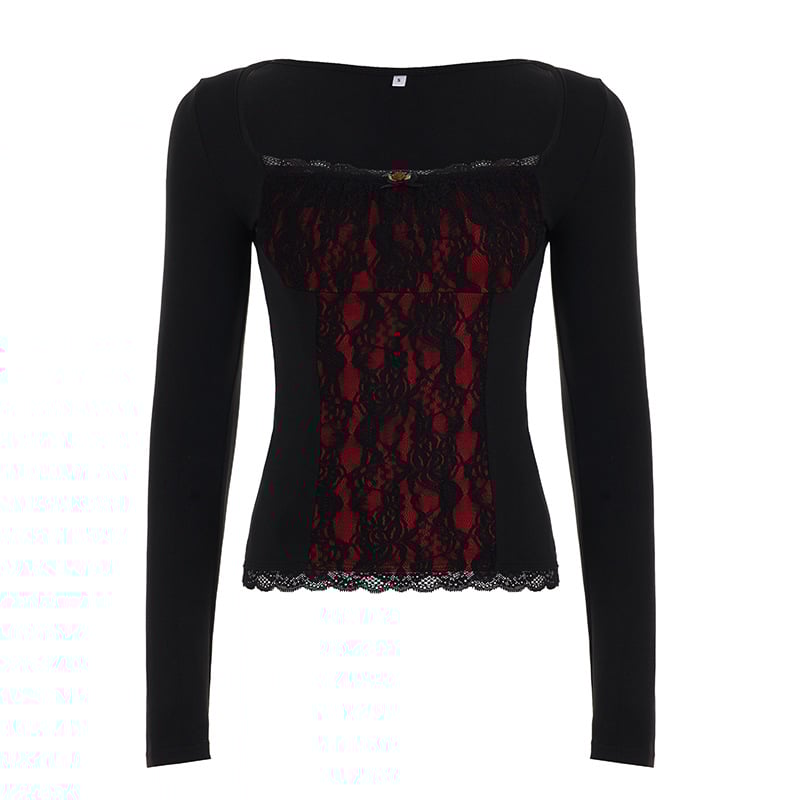 Готик Лолита тениска, квадратно деколте, дълъг ръкав, тясна кройка, сплайс дизайн