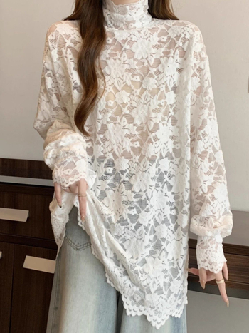 Čipkasti top s polu-visokim ovratnikom, nepravilan kroj, Chenille-Spandex smjesa, princeske rukave