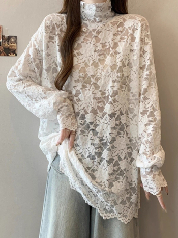 Čipkasti top s polu-visokim ovratnikom, nepravilan kroj, Chenille-Spandex smjesa, princeske rukave