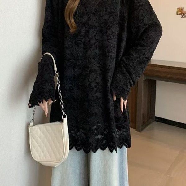 Čipkasti top s polu-visokim ovratnikom, nepravilan kroj, Chenille-Spandex smjesa, princeske rukave