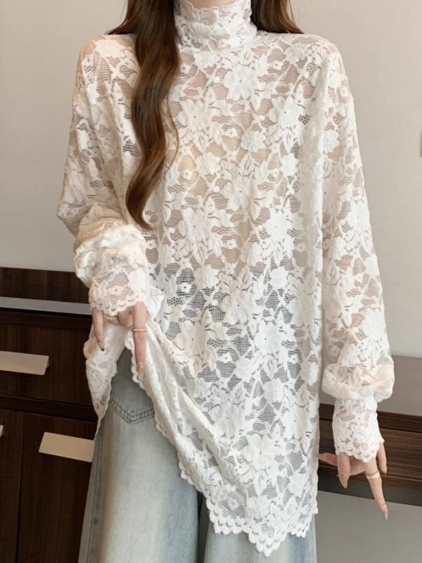 Čipkasti top s polu-visokim ovratnikom, nepravilan kroj, Chenille-Spandex smjesa, princeske rukave