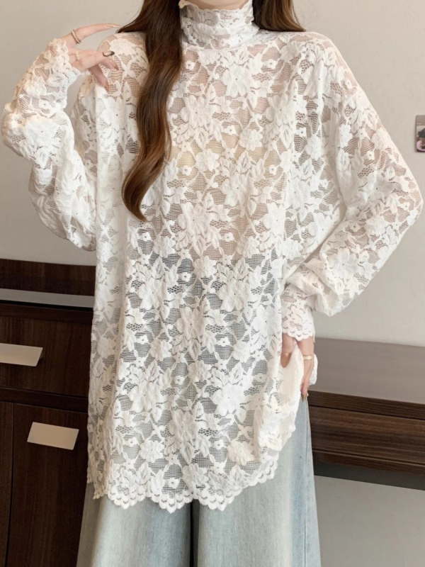 Čipkasti top s polu-visokim ovratnikom, nepravilan kroj, Chenille-Spandex smjesa, princeske rukave