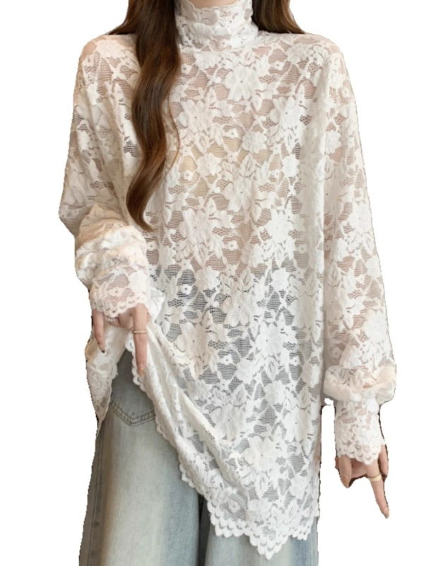 Čipkasti top s polu-visokim ovratnikom, nepravilan kroj, Chenille-Spandex smjesa, princeske rukave