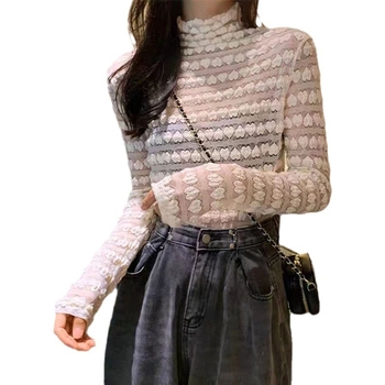 Női csipkés felső kivágott mintával és hálós alréteggel, magas gallér, hosszú ujjú, karcsú szabás, 95% poliészter