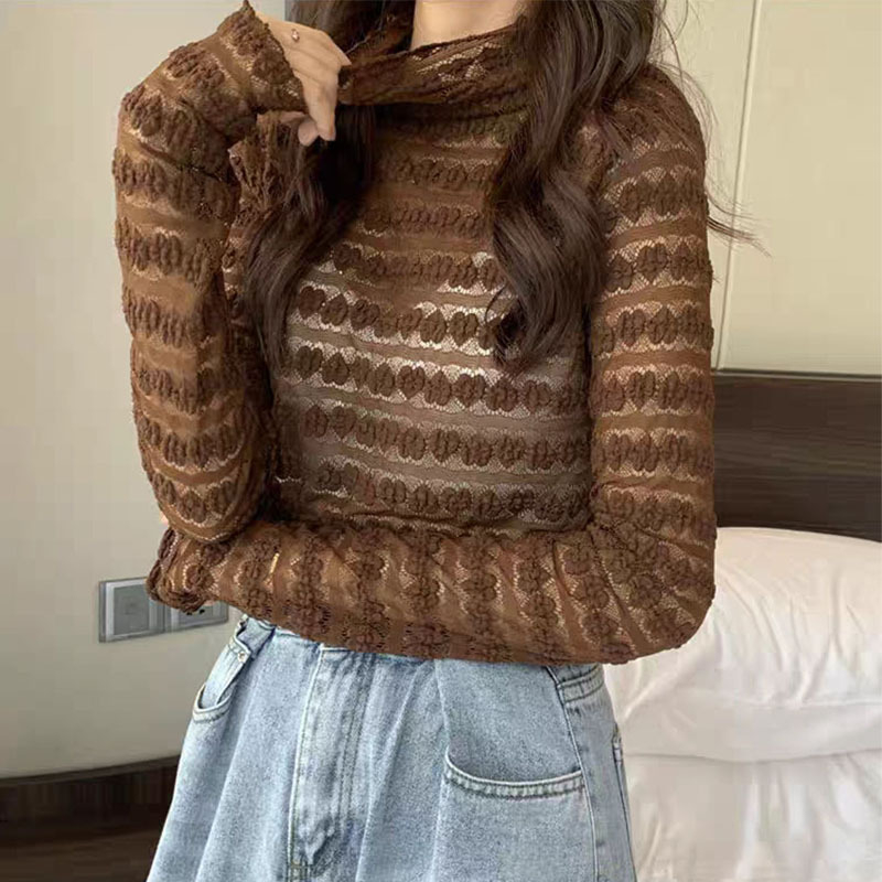 Női csipkés felső kivágott mintával és hálós alréteggel, magas gallér, hosszú ujjú, karcsú szabás, 95% poliészter