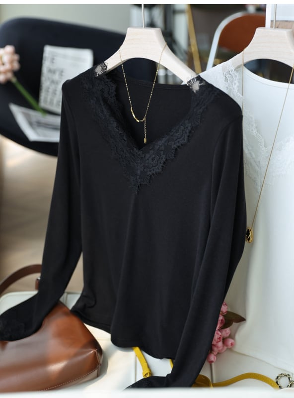 Плетена тениска с V-образно деколте и дълги ръкави, бродерия, прав силует, дамски топ за есен 2025