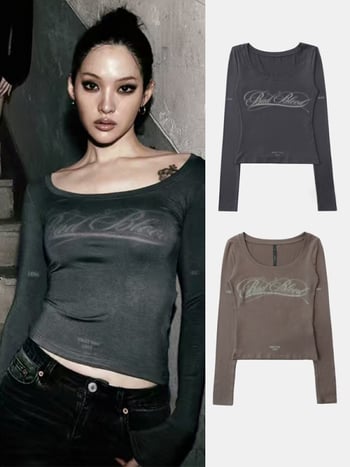 Дълъг ръкав, slim-fit Т-шърт с ниско кръгло деколте, непринуден японско-корейски стил; 80–90% памук в полиестер-памучна смес; без гладене