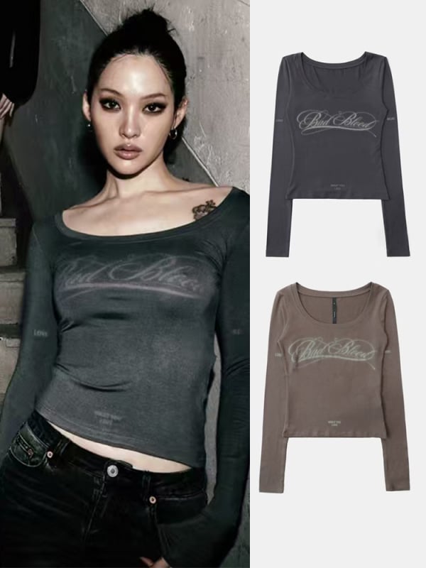 Дълъг ръкав, slim-fit Т-шърт с ниско кръгло деколте, непринуден японско-корейски стил; 80–90% памук в полиестер-памучна смес; без гладене