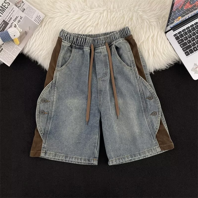 Muške traper šorceve s patchworkom, korejskog stila, ravnog kroja, za ljeto