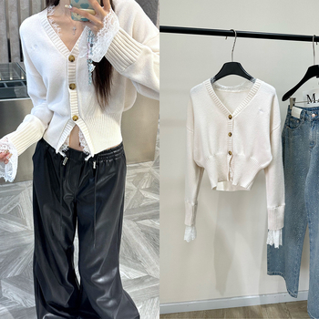 Γυναικεία πλεκτή ζακέτα με V-λαιμό, μακριά μανίκια, γραμμική μέση, δαντελένιος άκρη; ύφασμα: μαλλί + δαντέλα; μήκος 50-65 εκ; χειμώνας 2025