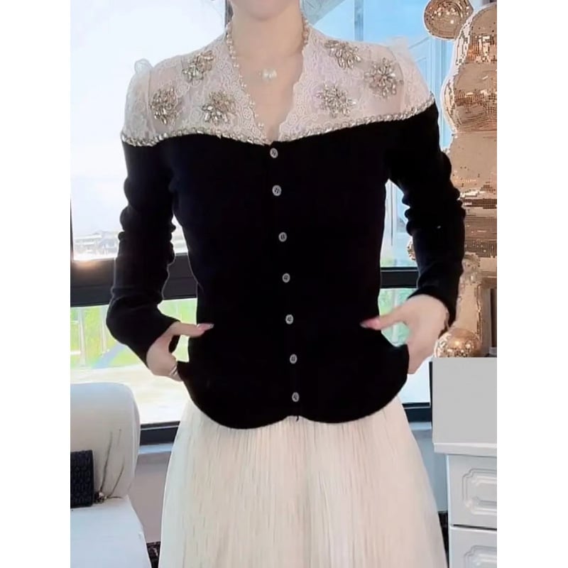 Kardigan od vune s V-izrezom i čipkom, ultra tanak, produženi kroj