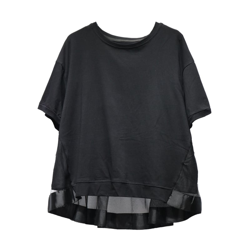 Т-шърт с мрежести панели, дантелени шевове, кръгло деколте, къси ръкави, памук-полиестер смес