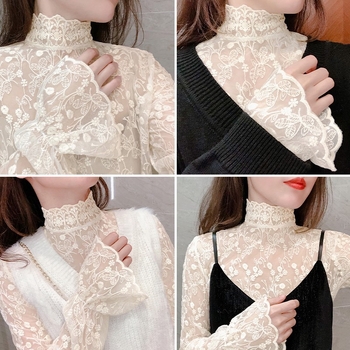 Дамска дантелена базова блуза с мрежеста вложка, полуръкав, бродирана вискозна тъкан, есенно-зимна 2025