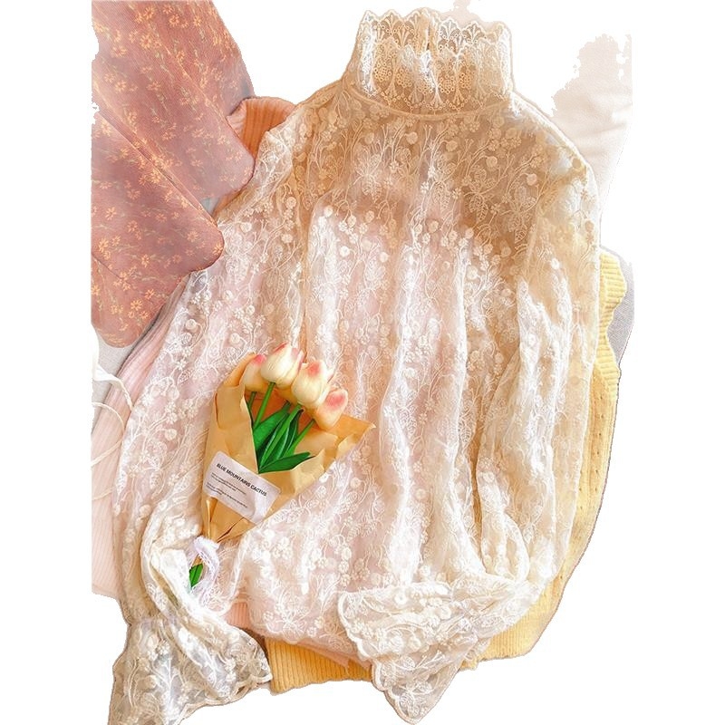 Дамска дантелена базова блуза с мрежеста вложка, полуръкав, бродирана вискозна тъкан, есенно-зимна 2025