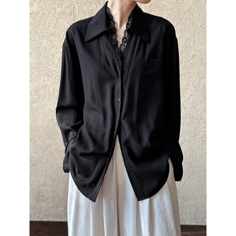 Polo galléros ing patchwork részletekkel, hosszú ujjú, laza szabás, Lyocell-keverék anyag, francia stílus