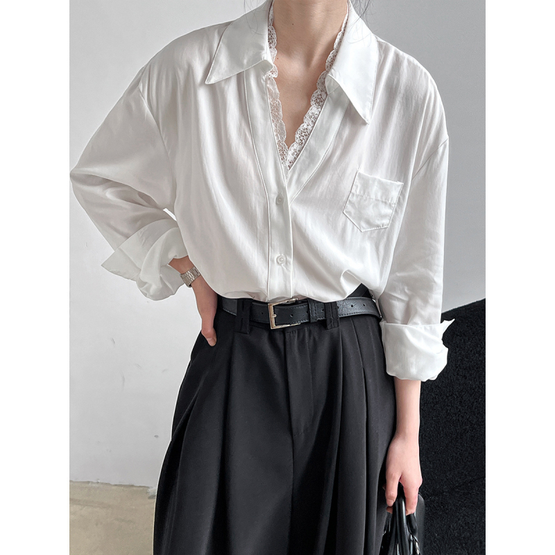 Polo galléros ing patchwork részletekkel, hosszú ujjú, laza szabás, Lyocell-keverék anyag, francia stílus