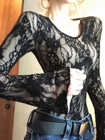 Дамски Slim-fit топ с дантелен плетен модел, дълъг ръкав, кръгло деколте, за есенно-зимния сезон